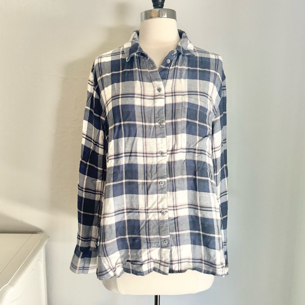 Treasure & Bond Blue White Boyfriend Long Sleeve Flannel Shirt, Size Medium